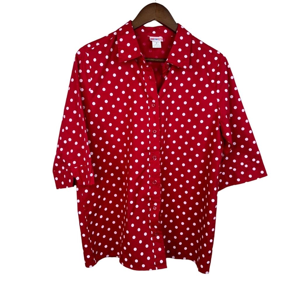 American Sweetheart Red White Polka Dot Button-Down Shirt M Cottagecore Farm VTG